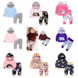 Floror Floral Flower Kläder Satser Kids Designer Kläder Pojkar Camo Striped Hoodie Byxor Kassar Långärmad Letter Coat Pants Outfits D6776