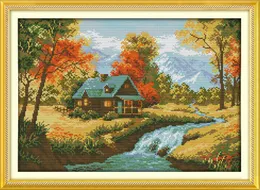 The autumn stream Scenery home decor painting ,Handmade Cross Stitch Embroidery Needlework sets counted print on canvas DMC 14CT /11CT