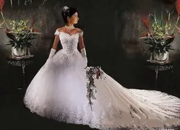 Винтажное кружевное бальное платье с аппликацией Свадебные платья Дубай Арабский с открытыми плечами Длинное свадебное платье с часовней и шлейфом Плюс Размер Vestidos De Novia AL5908