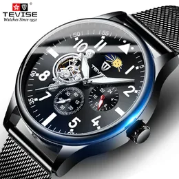 2021 TEVISE Men Automatic Mechanical Watch Black Full Steel Tourbillon Wristwatch Moon phase Chronograph Male Clock220w