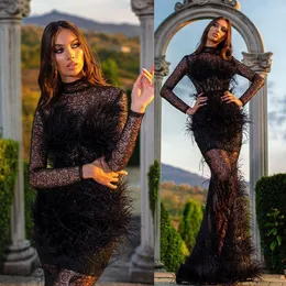 Black Feather Robe De Soiree Evening Dresses Lace Beads High Neck Mermaid Prom Dress Illusion Long Sleeve Formal Party Gowns