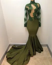 Verde escuro Prom Dress manga comprida vestidis de fiesta largos alta Neck Mermaid Vestido de Noite Lace Applique desgaste do partido trem da varredura