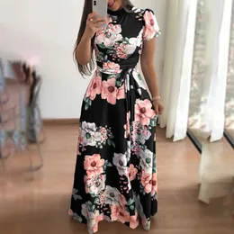 Повседневные платья лето осень платье 2021 с коротким рукавом длинные бого цветочные принты Maxi Turtleneck Bandage Elegant Vestido