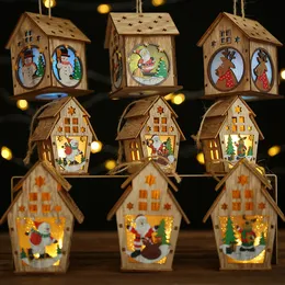 LEDライト木製の家の装飾エルクサンタクロース雪だるまぶら下がっているペンダントメリークリスマスの装飾