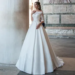 Długie rękawy Off Ramię Tulle Puffy Bride Suknie Casamento Mariage Vestidos de Noiva A-Line Lace Sukienka ślubna 2020 Nowy