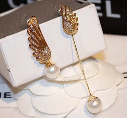 高品質の天使の翼特別なデザインのトレンディなファッション古典的な真珠の真珠の結晶の女性の女の子のためのペンダントドロップスタッドのイヤリング