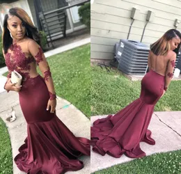 Burgundy Mermaid Prom Dresses for Black Girls 2019 African Long Sleeves Lace Appliqued Backless Evening Party Gowns Vestidos BC1245