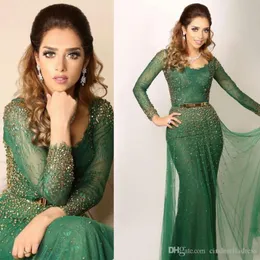 2019 New Arábia árabe Verde Vestidos Bateau Lace cristal frisada Sheer mangas compridas Prom Vestidos Mermaid Dress Mãe Wear