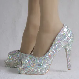 Ny designer Peep Toe Ab Crystal Wedding Shoes Blingbling Evening Dancing Party Pumps Graduation Prom Skor 4 inches Heel
