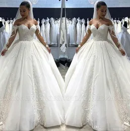 Sexy Off Shoulder Princess Lace Ball Gown Wedding Dresses Sheer Long Sleeve Tulle Applique Court Train Wedding Dress Bridal Gowns vestidos