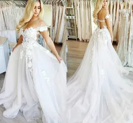 Boho Lace Wedding Dresses A Line Beach Appliqued Off Shoulder Robes De Mariee Simple Tulle Court Train Bridal Gowns Plus Size B17