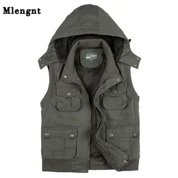 Fleece Hoodie Multi Pocket Men Vest For Winter Autun Male Thick Warm Parka Travel Khaki Sleeveless Waistcoat With Many Pockets