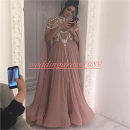 Trendy Koraliki Kryształowe Suknie Wieczorowe Z Wrap Dubai Szyfon Arabski Formalna Guest Dress Pagewant Celebrity Afryki Plus Size Prom Party Suknie