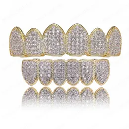 Hip Hop Grillz Pave Pink CZ Stone Iced Out Mouth Teeth Grills Caps Top & Bottom Tooth Set Gold Color Men Women Vampire Grills