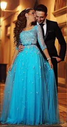 2019 rendas árabes azul vestidos de noite tripulação sheer mangas meia a linha tule arco cinto vestidos de baile vestidos de noite formal barato do vintage