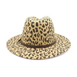 Fashion-Leopard Print Ullfilt Jazz Fedora Hattar med bältesspänne Män Kvinnor Wide Brim Trilby Panama Party Formell Top Hat