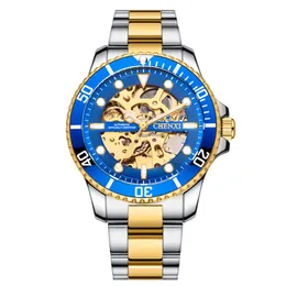 CHENXI Mechanical Automatic Wristwatch Gold Bezel Stainless Steel Buckle Stainless Steel Strap Analog Dial Face Folding Buckle Mens Watch