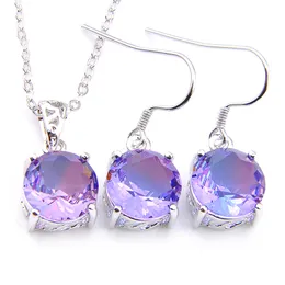 LuckyShine Boucles d'oreilles Pendentifs 2 Pcs Classique Rond Bi Couleur Tourmaline Gemmes 925 Argent Pour Les Femmes Bijoux De Mariage Ensembles De Bijoux De Mariée