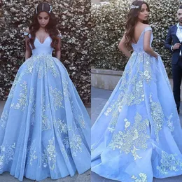 Sky Blue Arabiska Aftonklänningar Lace Appliques Off Shoulder Plus Storlek Prom Klänningar Särskilda tillfällen Party Dress Robes de Soirée