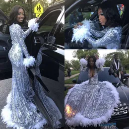 2020 Ny fjäder Mermaid Prom Dresses V-Neck Långärmade Sparkling Sequin Black Girl African Gala Long Formal Party Evening Gowns
