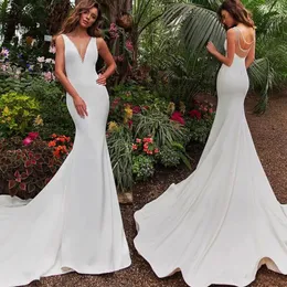 Элегантные атласные платья русалки с бисером и скользящим шлейфом, свадебные платья с v-образным вырезом на заказ