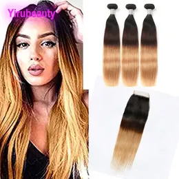 Indyjskie włosy ludzkie włosy ombre 1B 4 27 proste jedwabiste 3 wiązki z koronkowym zamknięciem 4X4 1B/4/27 naturalny kolor