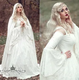 Abiti gotici da sposa in pizzo con mantello Abito da sposa principessa medievale celtica a maniche lunghe con campana vintage