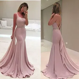 Wspaniały Pink Square Neckline Prom Dresses 2019 Sexy Backless Mermaid Suknie Wieczorowe Sweep Pociąg Koktajl Formalna Party Dress