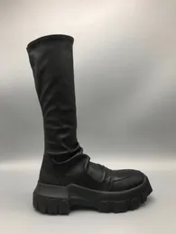 Botas de sola de TPU de algodão elástico de pele de carneiro Botas de personalidade da moda europeia e americana de cano longo de couro genuíno com cano alto e coxa alta