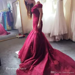 2019 elegante borgonha off-a-ombro vestido de baile Lace Appliqued Sereia Pageant vestido de festa Custom Made Plus Size