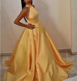 Elegant Yellow Sexy A-Line Dresses Cheap Jewel Neck Floor Length Evening Dress With Pockets Vestido De Festa Satin Prom Gowns Ogstuff