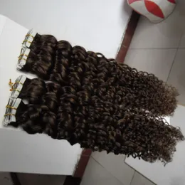 工場ホットバージンブラジルの深い巻き毛ヘアエクステンション100％ヒューマンテープヘアエクステンションPUスキンウェフトテープヘアエクステンション100G/40PCS