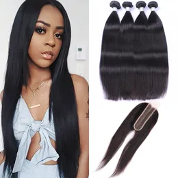 Peruvian Human Hair Extensions 8-30inch Straight 4 Bundles With 2X6 Lace Closure Middle Part Silky Straight 2*6 Closure With Bundles Natural