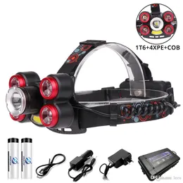 Glare LED Headlamp Zoomable Headlight 1T6+4XPE+COB led lamp bead outdoor lighting 5 switch modes Use 2x18650 battery