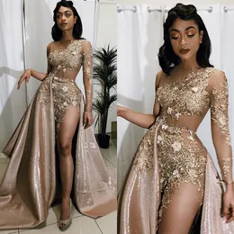 Sexy Syrenki Suknie Wieczorowe z odłączanym pociągiem Koronki Appliqued Długi Rękaw Prom Dress High Side Split Arabski Dubaj Okazję Formalne Suknie