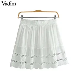 Vadim Women Haft Hollow Out Mini Spódnica Chic Solid Falda Mujer Elastyczna Talia Kobieta Dorywczo Słodkie Białe Spódnice Linii BA567 Y1904002