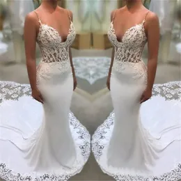 Novos vestidos de noiva sereia de renda e cetim sexy com alças espaguete corpete ilusão vestidos de noiva com corte vestido de noiva