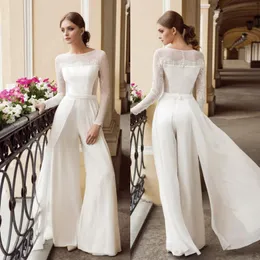 Tani projektant bohemiański kombinezon koronkowe sukienki ślubne Bateau szyi długie rękawy plażowe suknie ślubne podłogę długość szyfonu vestido de novia 407
