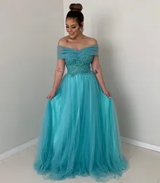 Elegant Turquoise Prom Dresses Off Shoulder A-line Tulle Formal Long Evening Gowns Beaded Appliques Party Dress