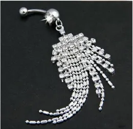 Sexig Dangle Bell Button Ringar Silver Diamond Belly Piercing Ring CZ Crystal Flower Body Smycken Navel Drop Ship