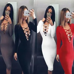 Lace Up Slim Mini Dress Sexiga Kvinnor Party Bodycon Långärmad Djup V-Neck Vestido Mujer Stretch Knee Length Club Dresses