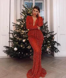 Sexy Red Deep V Neck Mermaid Prom Dresses Vintage Long Sleeves Sequined Evening Gown Long Formal Party Pageant Dress