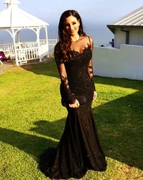 Sexy Evening Dresses Arabic Jewel Neck Illusion Lace Appliques Crystal Beaded Black Mermaid Long Sleeves Formal Party Prom Gowns