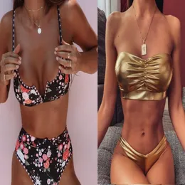 sport Bikini Sets Printed Gold leaf print tie irregular mesh hollowing back pleated flash fabric sexy steel bracket gathered youfine girl