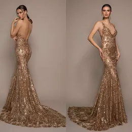Sequins ile Muhteşem Altın Mermaid Abiye Dantel Aplike V Yaka Kolsuz Robe De Soiree Backless Seksi Prom Gowns