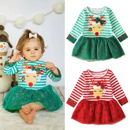 Baby Girls Christmas Sukienka Dzieci długie rękawy w paski łosia jelenia druk księżniczki sukienki z koronkową tiulową krótką spódnicą