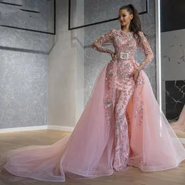 Sparkly Beading Mermaid Prom Dresses with Detachable Train Arabic Dubai Luxury Long Sleeves Evening Dress 2020 Pink Formal Gowns278V