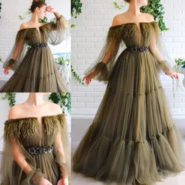 Classy Feathers Long Sleeves Prom Dresses Sheer Off The Shoulder Neck A Line Evening Gowns Plus Size Floor Length Tulle Pleated Formal Dress 415