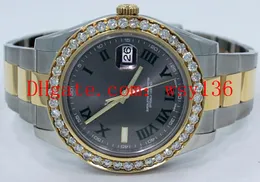 Ny Datejust II 116333 18K Guld Guld /SS 41mm Herr Automatiska maskiner Klocka Roman Grey Dial Diamond Herrarmbandsur