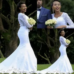 Africanos longas mangas de renda Sereia vestidos de casamento 2020 do pescoço da colher Ruched varredura de casamento de trem vestidos de noiva vestes de mariée Com Botões